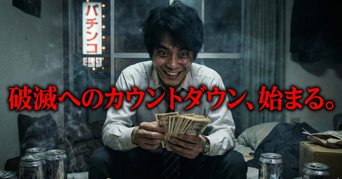 【パチンコ依存症の実体験】大勝ちという最悪の罠:パチンコで得た大量の札束を握りしめ、狂気じみた笑顔を浮かべる男性のイメージ。この一時的な快感(ドーパミン)が金銭感覚を麻痺させ、結果的に1000万円の借金という「破滅」へと繋がるビギナーズラックの恐ろしいメカニズムを表現した画像