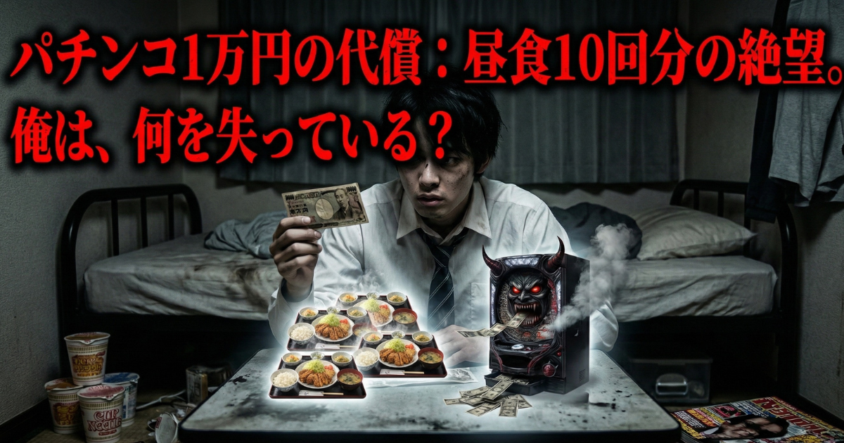 【パチンコ依存症の後悔】1万円の代償と金銭感覚の麻痺:薄暗い部屋で1万円札を見つめる男性。パチンコ台(悪魔)に一瞬で吸い込まれる1万円が、現実では「豪華な昼食10回分」の価値があるという残酷な対比を描き、ギャンブルで何を失っているのかを問いかけるイメージ