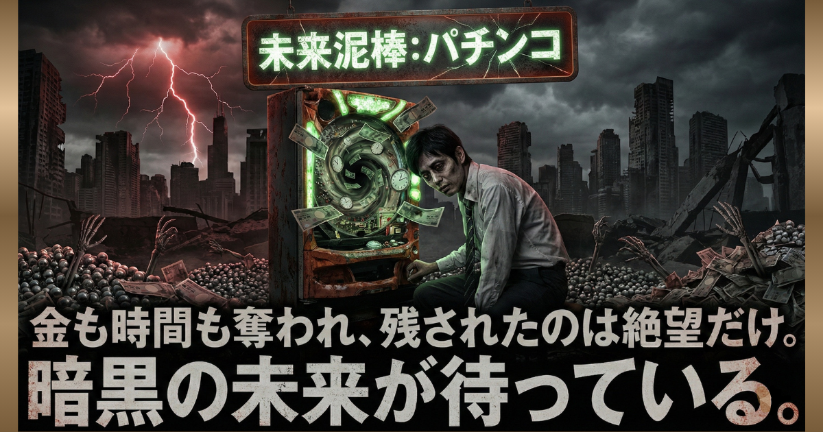【パチンコ依存症の末路】未来泥棒であるパチンコに、お金だけでなく貴重な時間(人生)も吸い込まれていく絶望の図解。借金が膨らみ、すべてを失った先に待つ「暗黒の未来」を警告し、今すぐ卒業すべき理由を突きつけるディストピア風のイメージ