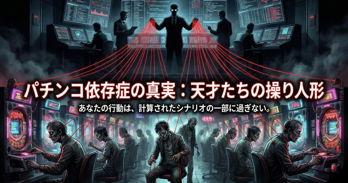 【図解】パチンコ依存症の真実:パチンコ台の裏側でシステムを操作する天才たち(胴元)と、赤い糸で操り人形のようにコントロールされ、生気を失いながら打ち続けるゾンビのような客たち。個人の意志では勝てない計算された搾取のシナリオを描いたイメージ画像