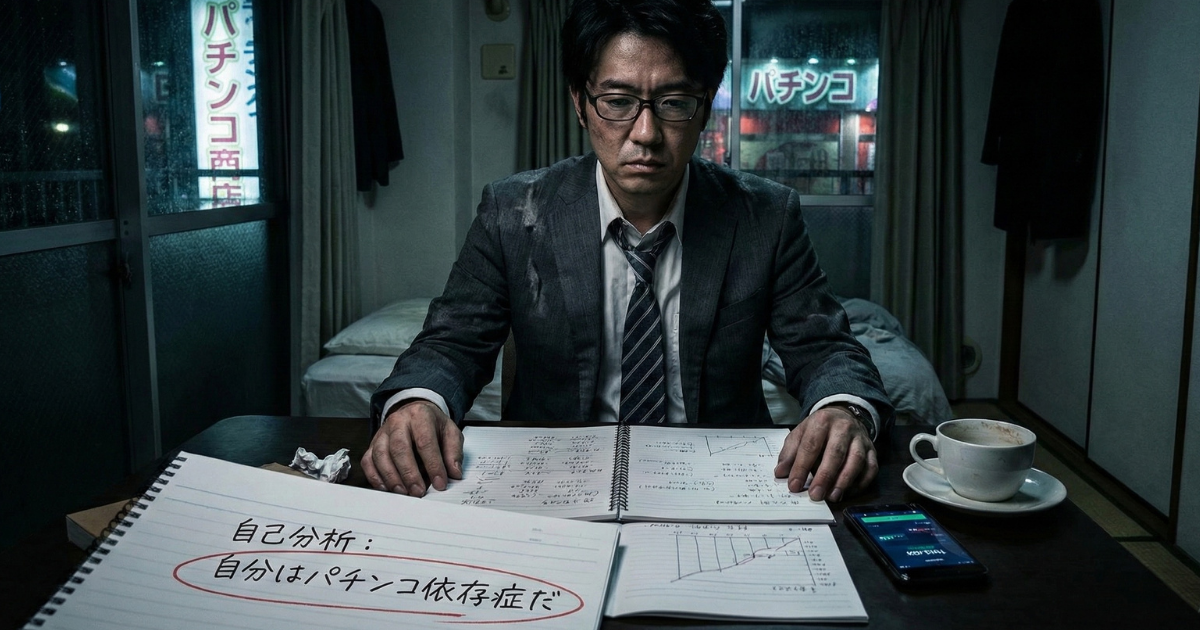 【パチンコ卒業への第一歩】依存症の自覚と自己分析:1000万の借金と絶望の底から生還するため、薄暗い部屋でノートに向かい「自分はパチンコ依存症だ」と病気を認める現実直視のプロセス。気合や根性を捨て、論理的に人生を立て直す決意を描いた実体験のイメージ画像