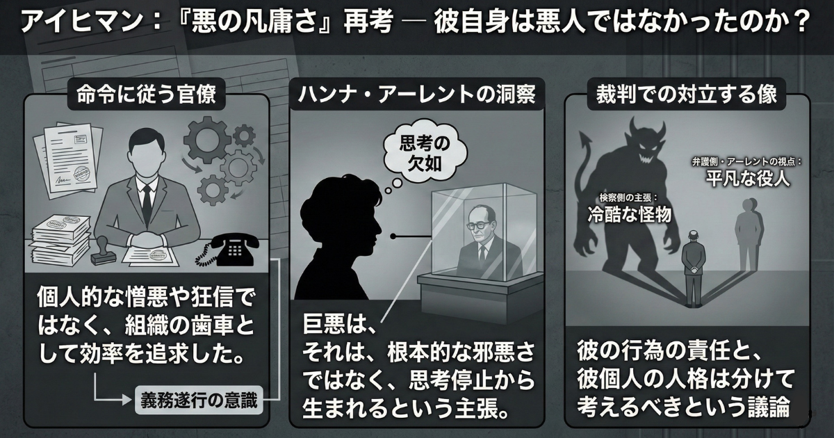 【図解】思考停止が招く究極の悲劇「悪の凡庸さ」：ハンナ・アーレントがアイヒマン裁判で指摘した、巨悪は邪悪さではなく「思考の欠如」から生まれるという洞察を解説。AI時代において、システム（AI）の命令に盲従し、自ら考えることを放棄した「組織の歯車」になる危険性を歴史から学ぶための画像
