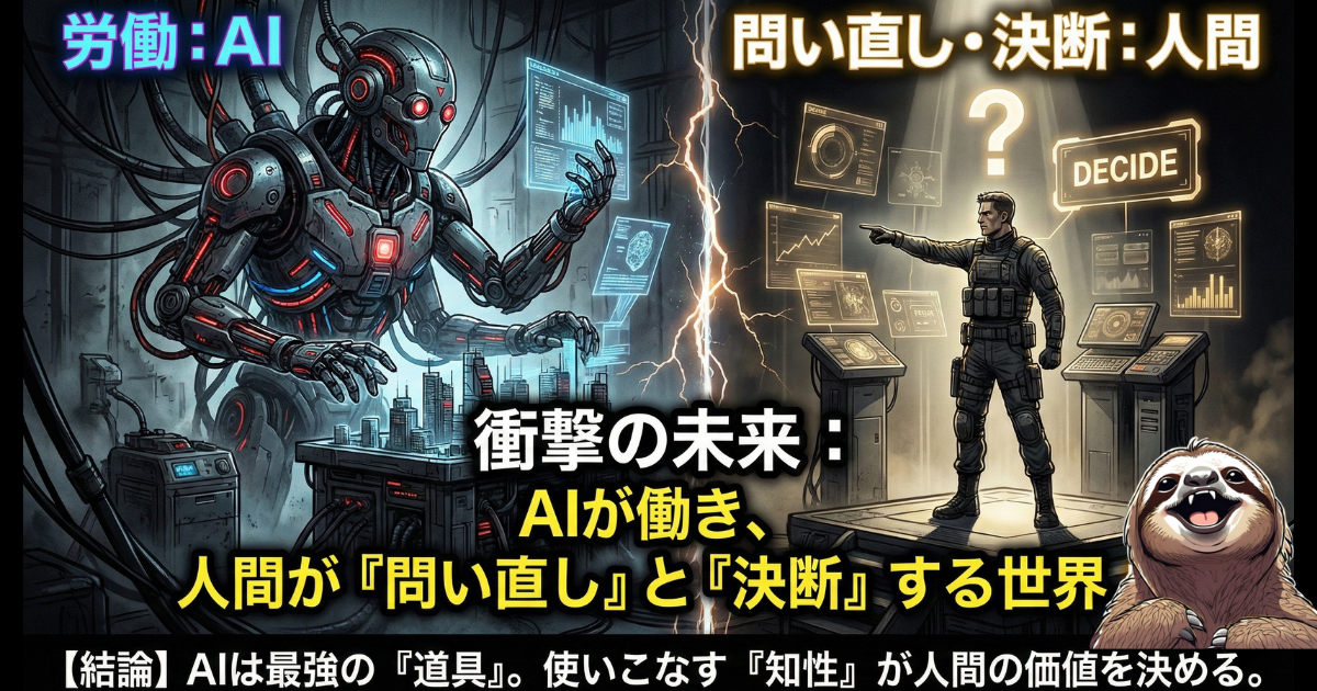 【図解】AI時代の新しい役割分担：労働（実作業）はAIに任せて徹底的にサボり、人間は「問い直し」と「決断」に特化する衝撃の未来予想図。AIを最強の道具として使いこなし、思考停止せずに人間の真の価値（知性）を発揮するための「賢いサボり方」の最終結論イラスト