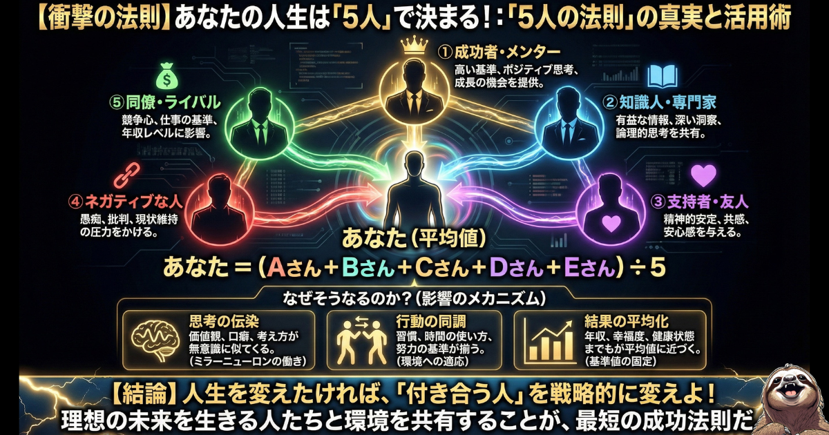 【図解】あなたの人生は「付き合う5人」で決まる!:周囲の人間関係が思考や行動、年収にまで影響を与えるメカニズム(5人の法則)を解説。疲れた社会人が現状から抜け出し、転職エージェントを利用して「働く環境(付き合う人)」を戦略的に変えることの重要性を説くイラスト