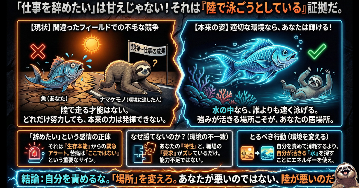 【図解】「仕事を辞めたい」は甘えではなく環境のミスマッチ:陸で泳ごうとして苦しむ魚(左)と、水中で才能を発揮する魚(右)の対比イラスト。能力不足だと自分を責める社会人に対し、苦しいのは場所(環境)が間違っているだけだと気づかせ、強みが活きる職場への転職を促す画像