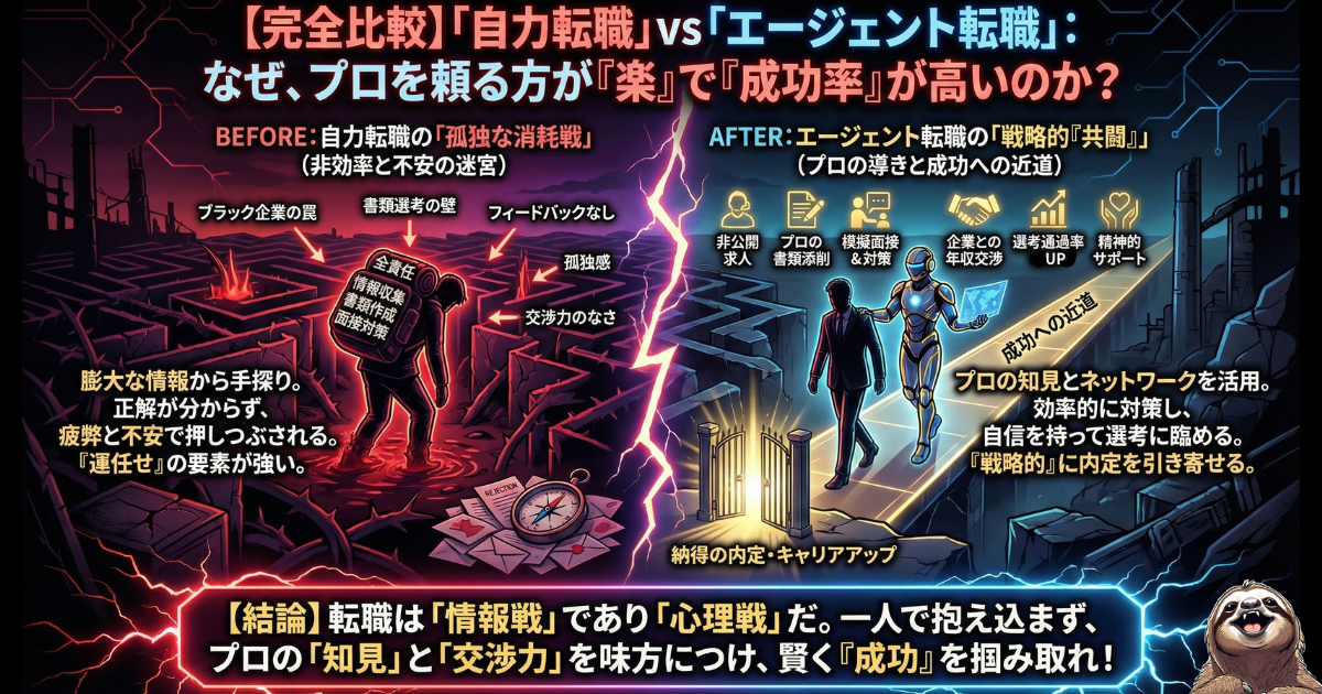 【図解】「自力転職」と「エージェント転職」の完全比較:孤独に迷路をさまよい消耗する自力活動(左)と、非公開求人や年収交渉などプロのサポートを受けて最短距離で成功へ向かうエージェント利用(右)の違いを解説。なぜプロを頼る方が楽で成功率が高いのかを一目で示すイラスト