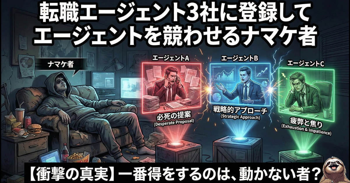 【図解】転職エージェントを複数登録して「競わせる」裏ワザ:自分はソファでリラックスしたまま(動かず)、複数のエージェント(A,B,C)に最適な提案や条件交渉を競わせる様子を描いたイラスト。疲れた社会人が最も得をする「ゆるい転職術」の極意を解説