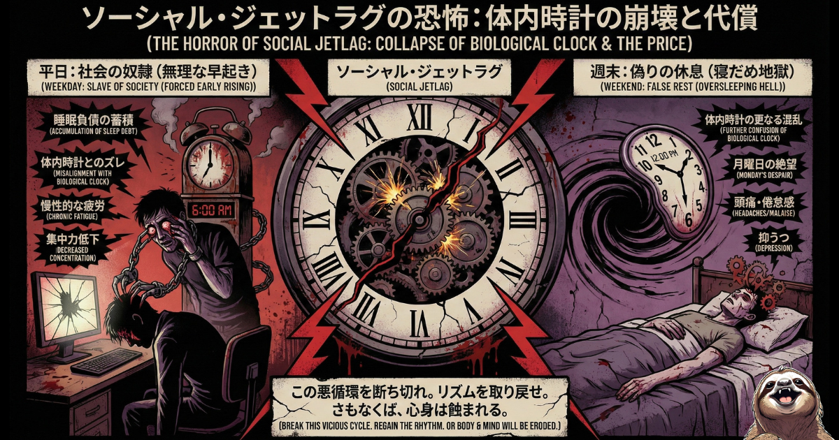 【図解】サザエさん症候群の元凶「ソーシャル・ジェットラグ(社会的時差ボケ)」の恐怖:平日の睡眠負債(左)を休日の「寝だめ(右)」で解消しようとすることで体内時計が崩壊し、結果的に月曜日の激しい絶望感や抑うつを引き起こす悪循環のメカニズムをホラーテイストで解説したイラスト