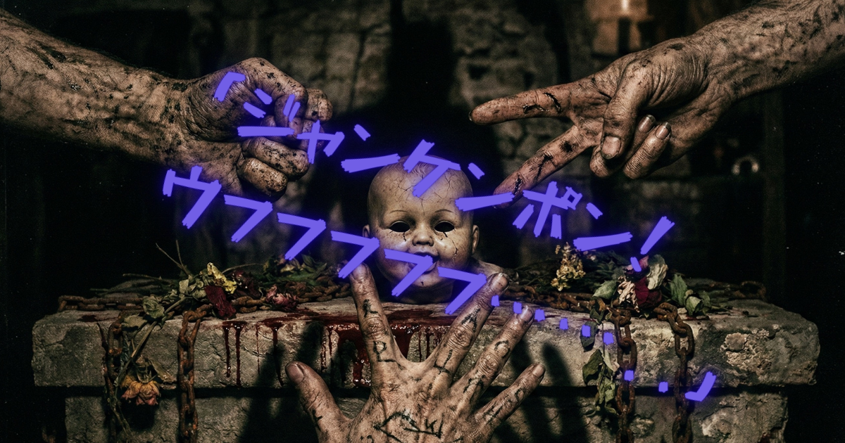 【イメージ】サザエさん症候群の恐怖のトリガー「日曜夕方のじゃんけん」:血塗られた祭壇で亡者たちがじゃんけんをする不気味なホラー画像。国民的アニメの平和なエンディングが、社会人にとっては「日曜日が終わる絶望」と「月曜日から始まる過酷な労働」を告げる死の宣告(トラウマ)のように感じられる精神状態を表現