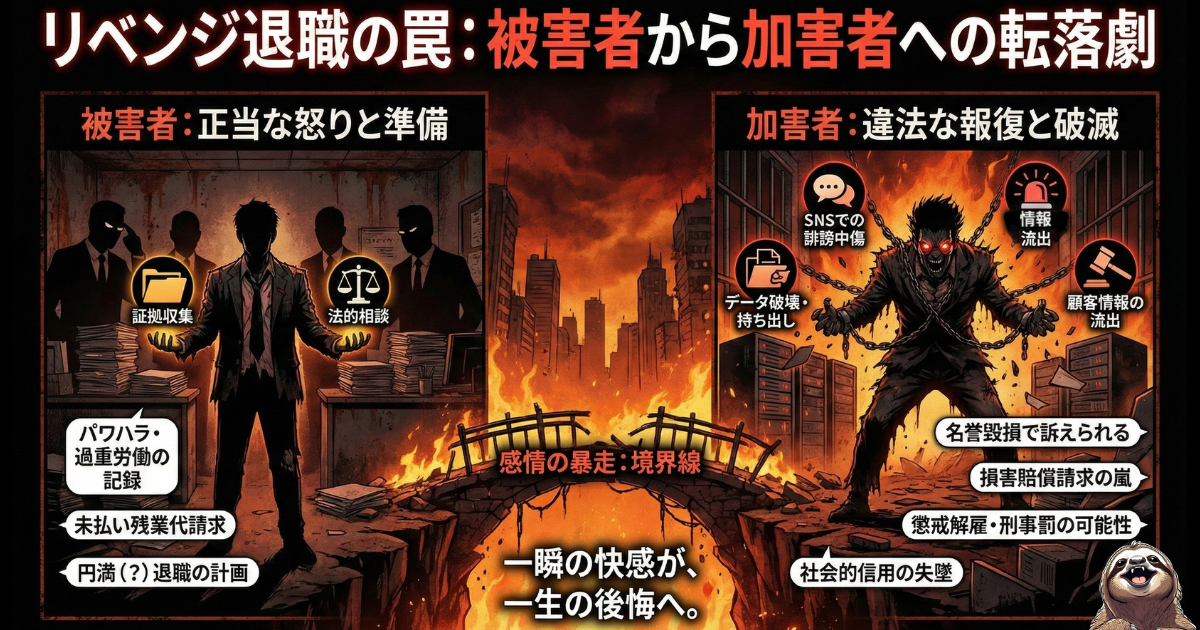 【図解】ブラック企業への違法な仕返し(リベンジ退職)が招く破滅の罠:正当な被害者(左)が感情を暴走させ、SNSでの晒しやデータ破壊などの違法な報復(右)を行った瞬間、「加害者」として損害賠償請求や刑事罰を受ける転落劇を描いたイラスト。パワハラ上司への復讐は合法的な手段で行うべきと警告する画像