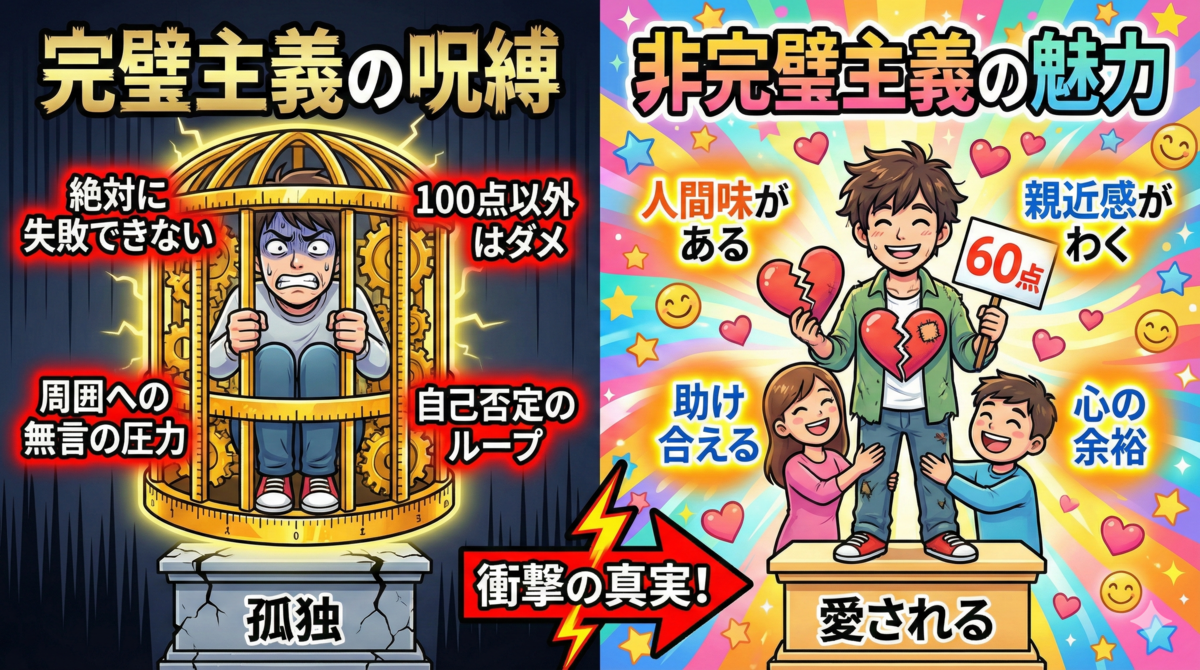 【図解】完璧主義の呪縛と非完璧主義の魅力を比較：100点を目指して自己否定と孤独の檻に陥る完璧主義（左）の末路に対し、60点や失敗を許容することで周囲から愛され助け合える非完璧主義（右）のメリットを解説。燃え尽き症候群を防ぎ、行動できない状態を治すためのパラダイムシフトを示すイラスト