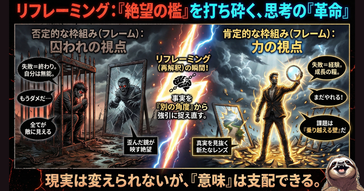 【図解】パワハラによる限界や絶望を打ち砕く心理テクニック「リフレーミング」:「自分は無能だ」と自分を檻に閉じ込める否定的な視点(左)から、事実を別の角度から捉え直し、「課題は乗り越える壁だ」と肯定的な視点(右)に転換することで、理不尽な上司による洗脳を解き、次の行動を起こすための思考法を解説したイラスト