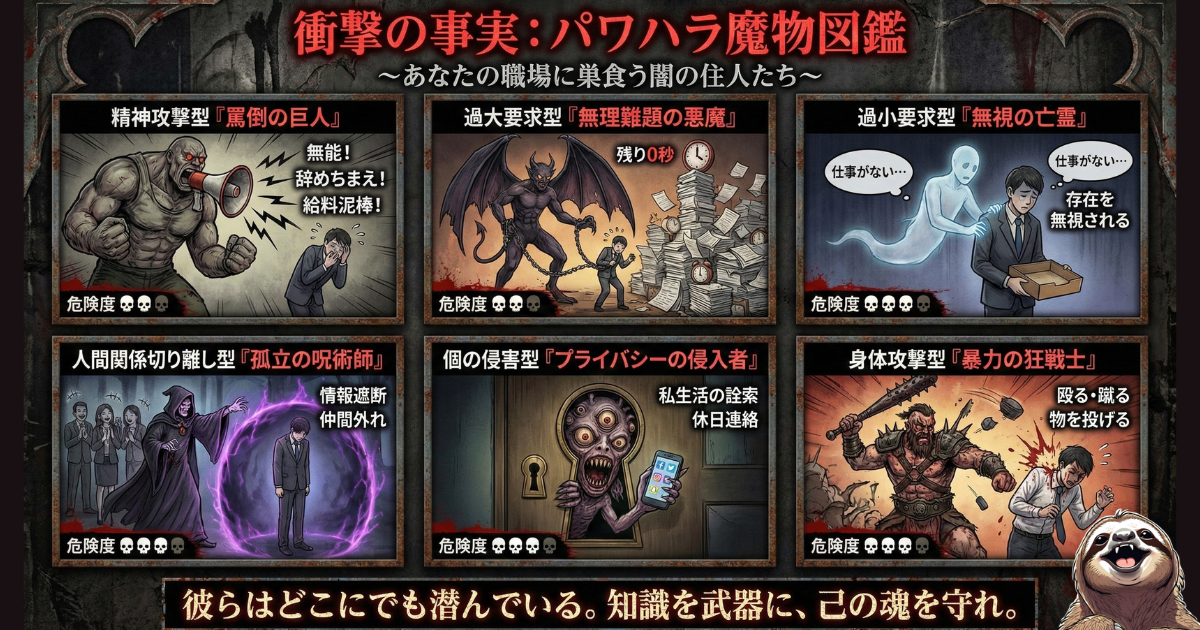 【図解】理不尽な上司によるパワハラの6つの類型をまとめた「魔物図鑑」:精神攻撃(罵倒の巨人)、過大要求(無理難題の悪魔)、過小要求(無視の亡霊)、人間関係からの切り離し(孤立の呪術師)、個の侵害(プライバシーの侵入者)、身体攻撃(暴力の狂戦士)としてパワハラの種類をRPG風に解説し、被害者に現状を認識させるためのイラスト