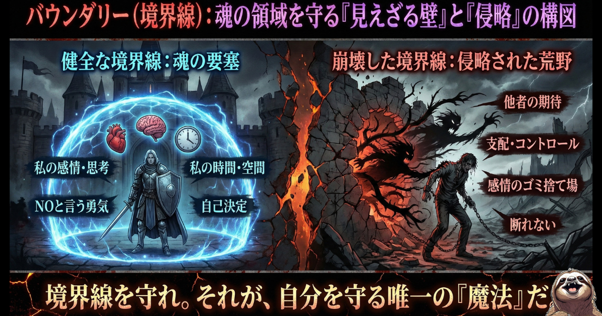 【図解】パワハラ上司から心を守る「バウンダリー(境界線)」:理不尽な要求を断れず感情のゴミ捨て場にされる崩壊した境界線(右)と、NOと言う勇気を持ち自分の時間や思考を守り抜く健全な境界線(左)を比較し、相談しても意味がない環境で自分を守るための心理的防衛術を解説したイラスト