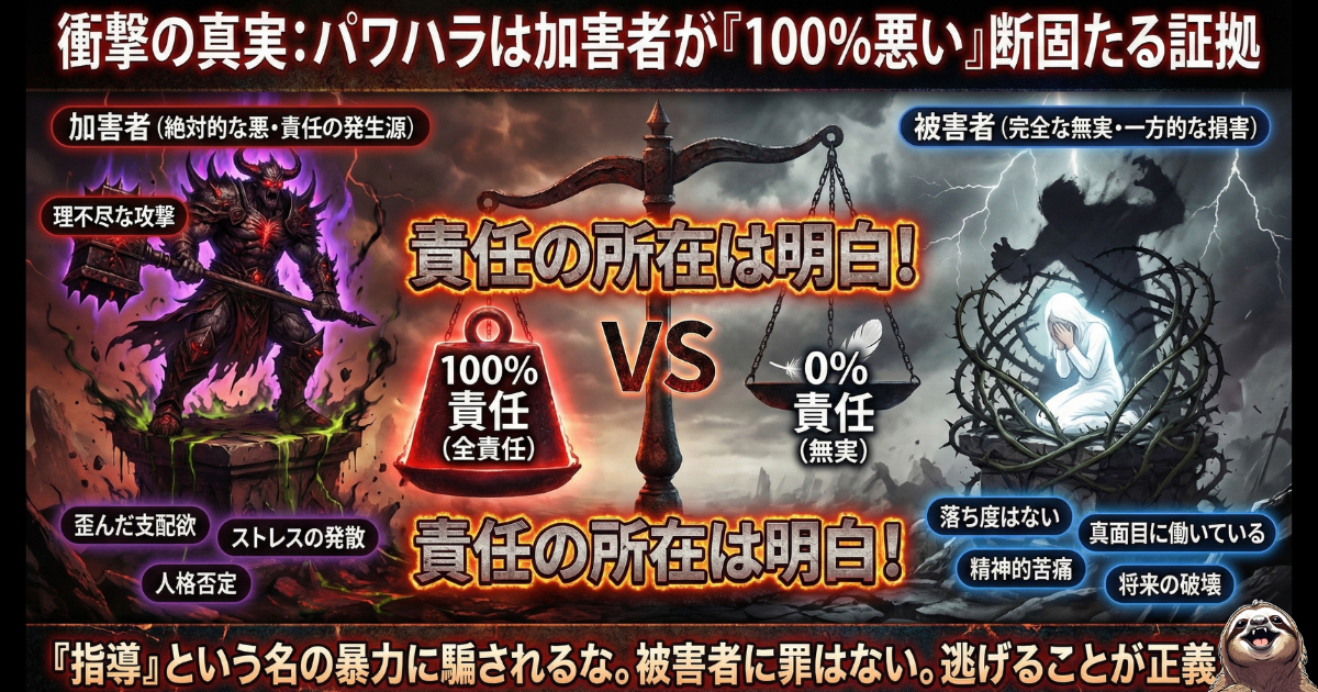 【図解】パワハラは加害者が100%悪いことを証明する天秤のイラスト:理不尽な攻撃を「指導」と錯覚して自分を責める被害者(右:責任0%)に対し、パワハラの本質は加害者のストレス発散や支配欲(左:責任100%)に過ぎないことを明示し、会社から逃げることへの罪悪感を払拭する画像