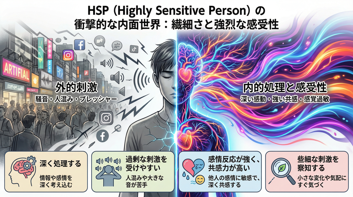 【図解】「いい人」を演じて限界を迎える背景にあるHSP(繊細さん)の特性:他人の感情やプレッシャーなどの外的刺激に過剰に反応して疲弊する姿(左)と、内部で情報を深く処理し強烈な感情を抱える姿(右)を比較し、外面を良く保つために脳がどれほどエネルギーを消耗しているかを解説したイラスト