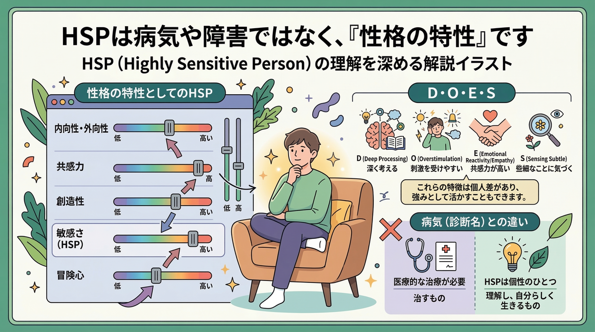 【図解】HSPは病気や障害ではなく「性格の特性」であることを解説したイラスト：内向性や創造性と同じように「敏感さ（HSP）」も個性のパラメーターの一つであること（左）や、HSPの4つの特徴であるDOES（右上）、そして治療が必要な病気とは異なり「理解して自分らしく生きるもの」であること（右下）を視覚的に説明する画像
