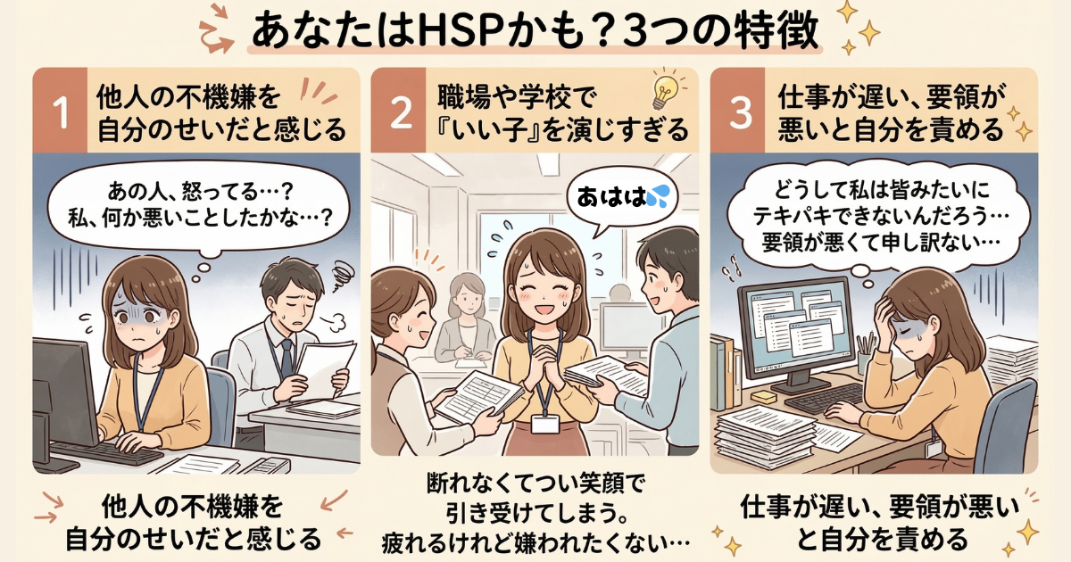 【図解】あなたはHSPかも？職場で疲れやすい人の3つの特徴：他人の不機嫌を自分のせいだと感じる（左）、嫌われたくなくて「いい子」を演じ仕事を断れない（中央）、仕事が遅い・要領が悪いと自己嫌悪に陥る（右）といった、人間関係に疲弊するHSPによくある悩みを表現したイラスト