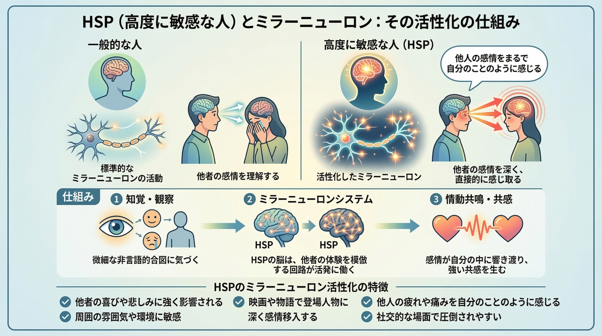 【図解】HSPが人間関係に疲れる原因「ミラーニューロン」の仕組み：HSP（高度に敏感な人）は一般的な人と比較して共感に関わる脳神経（ミラーニューロン）が活性化しやすく、他人の感情や痛みをまるで自分のことのように感じ取ってしまう脳のメカニズムを解説したイラスト