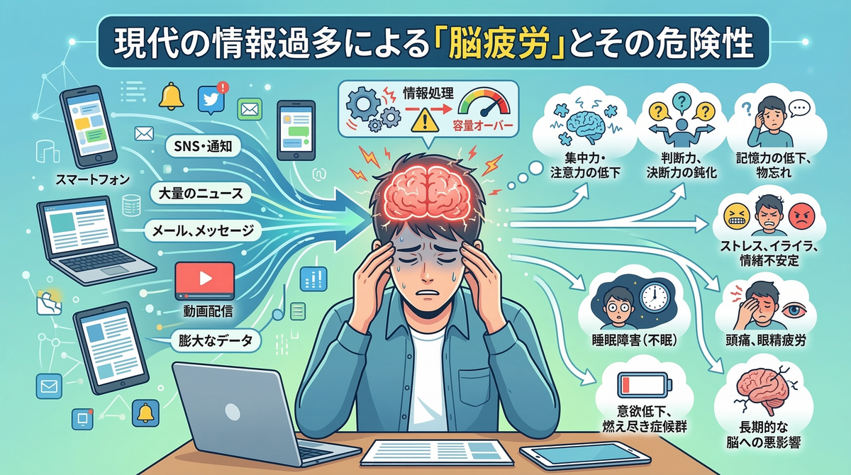 【図解】HSPが疲れやすい原因「情報過多による脳疲労」のメカニズム：スマホやSNSからの大量の情報を深く処理してしまう繊細さんは、脳がすぐに容量オーバーとなり、集中力低下や睡眠障害、燃え尽き症候群などの深刻な症状を引き起こす危険性があることを解説したイラスト