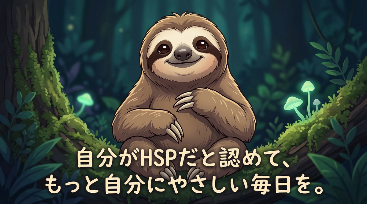 「自分がHSPだと認めて、もっと自分にやさしい毎日を。」というメッセージが書かれたイラスト：仕事や人間関係で気疲れしやすい繊細さんが、自身の気質を理解し、無理をせず自分を大切にする生き方（自己受容）へシフトすることを優しく応援する、森のナマケモノの画像