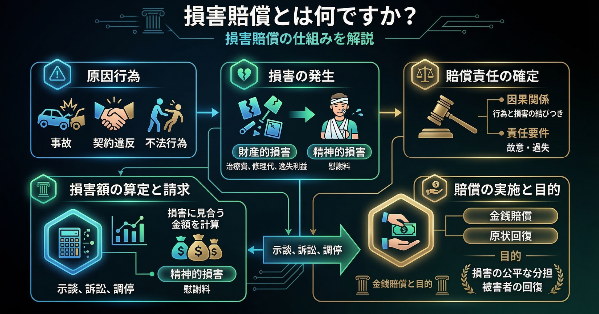 【図解】パワハラの仕返しで絶対にやってはいけない「損害賠償」請求のリスク：感情的な復讐が会社に対する「不法行為」や「契約違反」となり、逆に自分が多額の金銭賠償や慰謝料を支払う側になってしまう法的な仕組み（原因から賠償実施までのフロー）を解説したイラスト