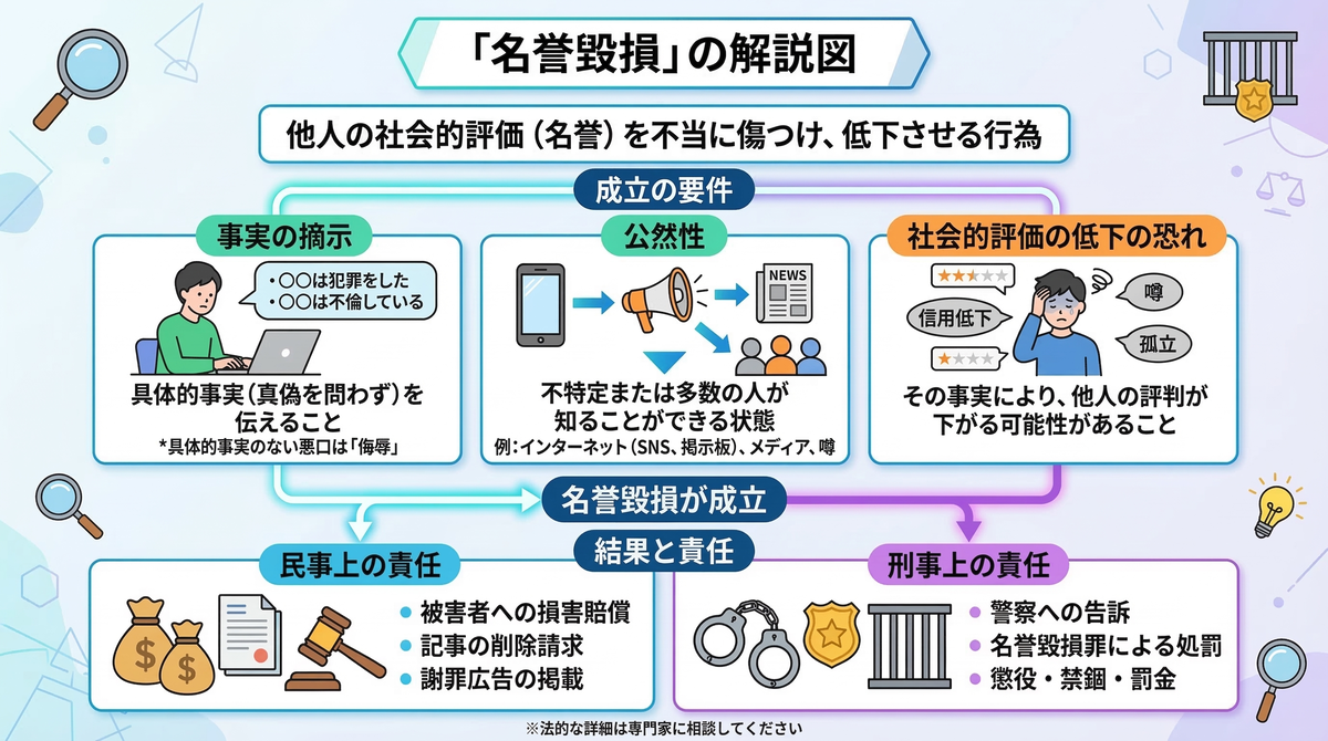 【図解】パワハラの復讐で絶対にやってはいけない「SNSでの晒し行為」のリスク：パワハラの事実であってもネット等で拡散すれば「名誉毀損」が成立し、逆に自分が民事（損害賠償）と刑事（前科）の両方の重い責任を問われてしまう法的な要件と結果を解説したイラスト