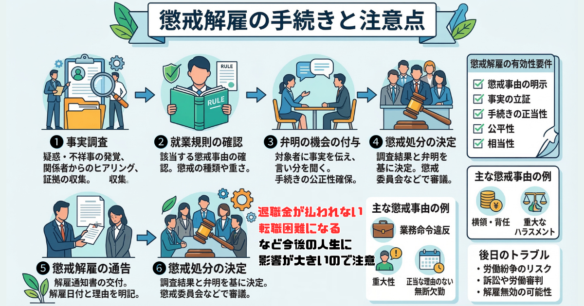 【図解】パワハラの復讐で自滅する理由「懲戒解雇のリスク」：嫌がらせや無断欠勤などの仕返しが原因で懲戒解雇になると、「退職金が支払われない」「次の転職が極めて困難になる」など、自分の今後の人生に致命的なダメージを与えることを解説した手続きのフローチャート