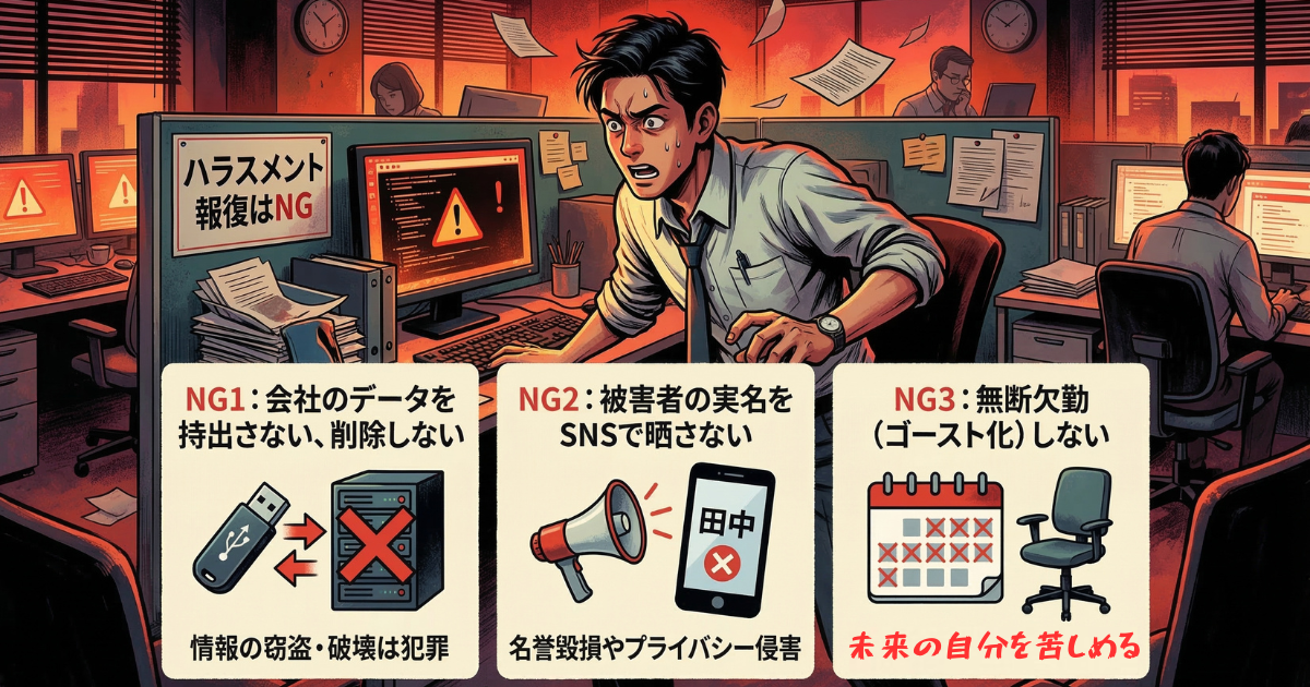 【図解】パワハラの仕返しで絶対にやってはいけない3つのNG行動：会社のデータの持ち出し・削除（犯罪）、SNSでの実名晒し（名誉毀損）、無断欠勤・ゴースト化（懲戒解雇のリスク）といった、一時の感情による復讐が未来の自分を苦しめる結果になることをまとめたイラスト