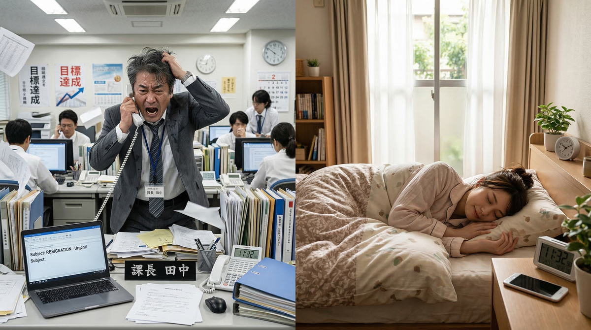 【画像】パワハラに対する最高の仕返しは「退職」である理由：有能なあなたが辞めたことで業務が崩壊し絶叫するパワハラ上司の末路（左）と、ブラック企業から逃げて心身の平穏を取り戻し、安心してぐっすり眠る退職者の姿（右）の対比を描いたイラスト