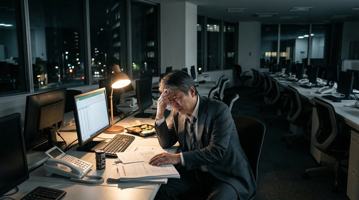 【画像】退職されたパワハラ上司の悲惨な末路：有能な部下を追い出した結果、すべての業務のしわ寄せが自分にきてしまい、誰もいない深夜のオフィスで一人きりで終わらない仕事に絶望する上司の姿を描いた因果応報のイラスト
