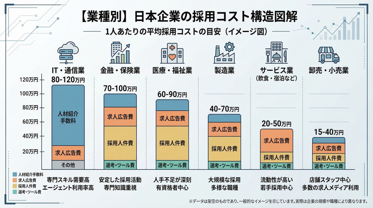 【図解】パワハラで退職された会社が負う金銭的ダメージ（業種別の平均採用コスト）：あなたが一人辞めるだけで、会社は新たな人材補充のために数十万〜百万円以上の莫大なコストを支払う必要があり、「退職」こそが合法かつ最大の仕返しになることを証明するグラフ