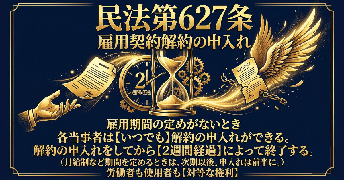 【図解】パワハラ会社を確実に辞めるための法律「民法第627条（雇用契約解約の申入れ）」：会社がどんなに引き留めたり脅したりしても、法律上は退職の意思を伝えてから「2週間」が経過すれば確実に退職（解放）できるという、労働者の強力な権利を解説したイラスト