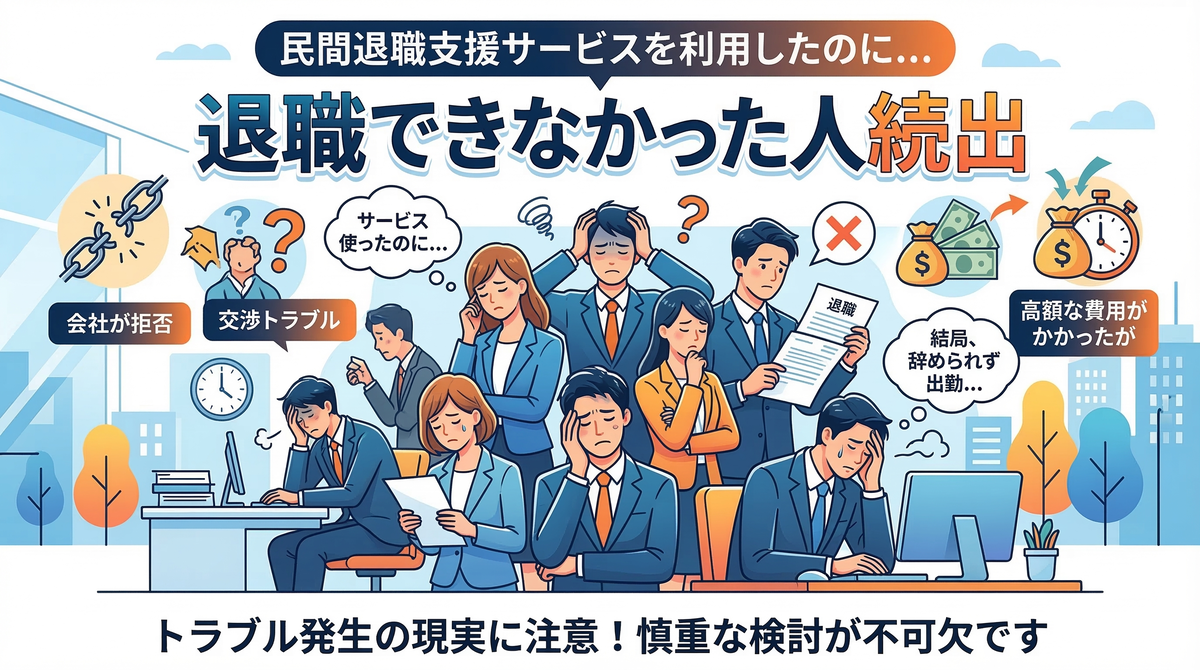 【図解】パワハラ会社を辞める際の注意点：交渉権を持たない「民間の退職代行サービス」を利用した結果、会社から退職を拒否されたりトラブルになり、高額な費用を払ったのに結局辞められずに出勤することになる失敗例をまとめたイラスト