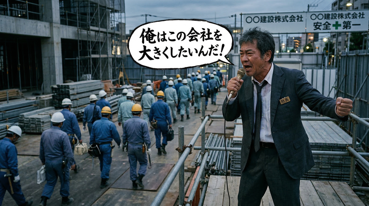 【画像】理不尽な人の末路「裸の王様」状態：建設現場で「会社を大きくしたいんだ！」と独りよがりに怒鳴る社長に対し、日頃の理不尽な態度に愛想を尽かした社員たちが無言で立ち去っていく、信頼崩壊と孤独を描いたイラスト