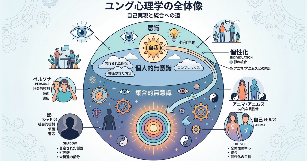 【図解】理不尽な人が悪口や怒りをぶつける心理的要因（ユング心理学）：他者を攻撃し続ける人は、自分の中の認めたくない劣等感や感情「影（シャドウ）」を無意識に他人に投影している状態であることを、心の全体構造を用いて論理的に解説したイラスト