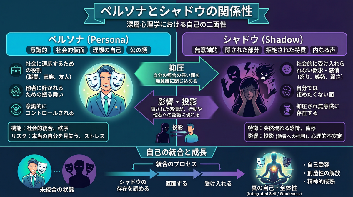 【図解】理不尽な人が他人に怒りや悪口をぶつける深層心理：社会的な仮面（ペルソナ）を保つために抑圧された「怒りや嫉妬などの認めたくない自分（シャドウ）」が、無意識のうちに他者への批判として「投影」されるメカニズムを解説したイラスト
