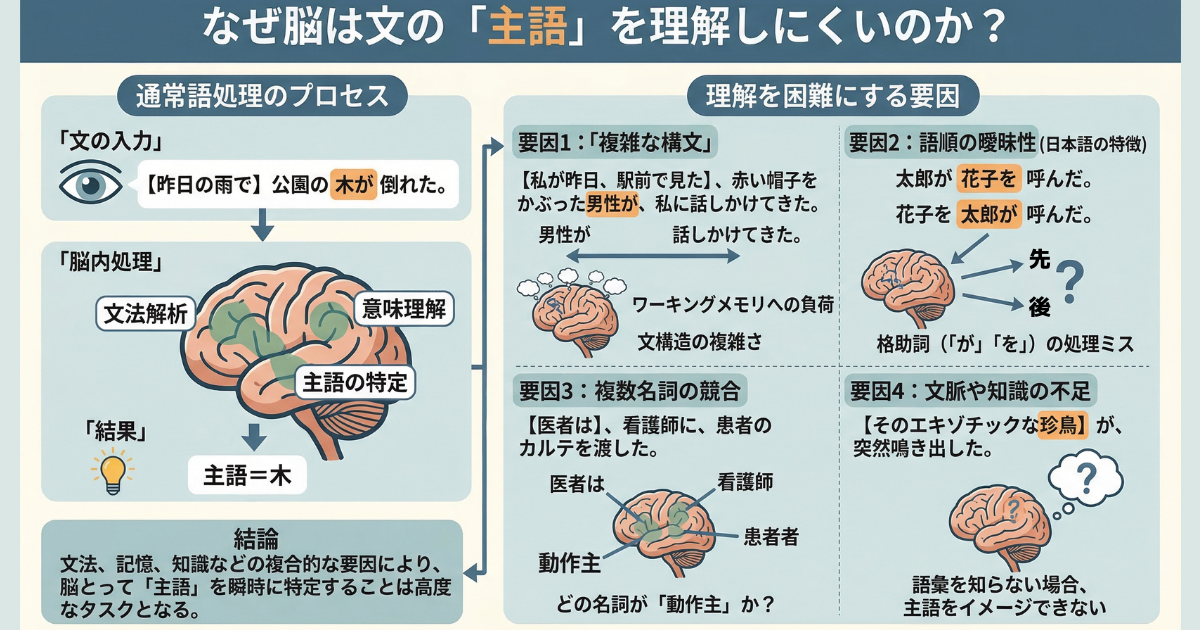 【図解】悪口や怒りをぶつける人は、複雑な文脈や「誰が（主語）」問題の根源であるかを脳内で正しく処理・理解できず、他人に言ったことを自分に言っていると感じるメカニズムを解説したイラスト