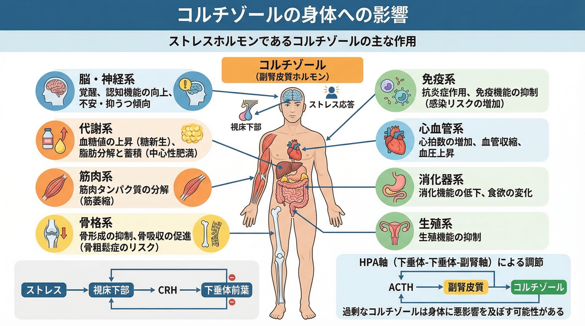 【図解】理不尽な人が自ら心身を壊していく医学的メカニズム：常に怒りや悪口でストレスを抱えていると、ストレスホルモン「コルチゾール」が過剰分泌され、免疫低下や高血圧など全身の器官に深刻な悪影響を及ぼし自滅していくことを解説したイラスト
