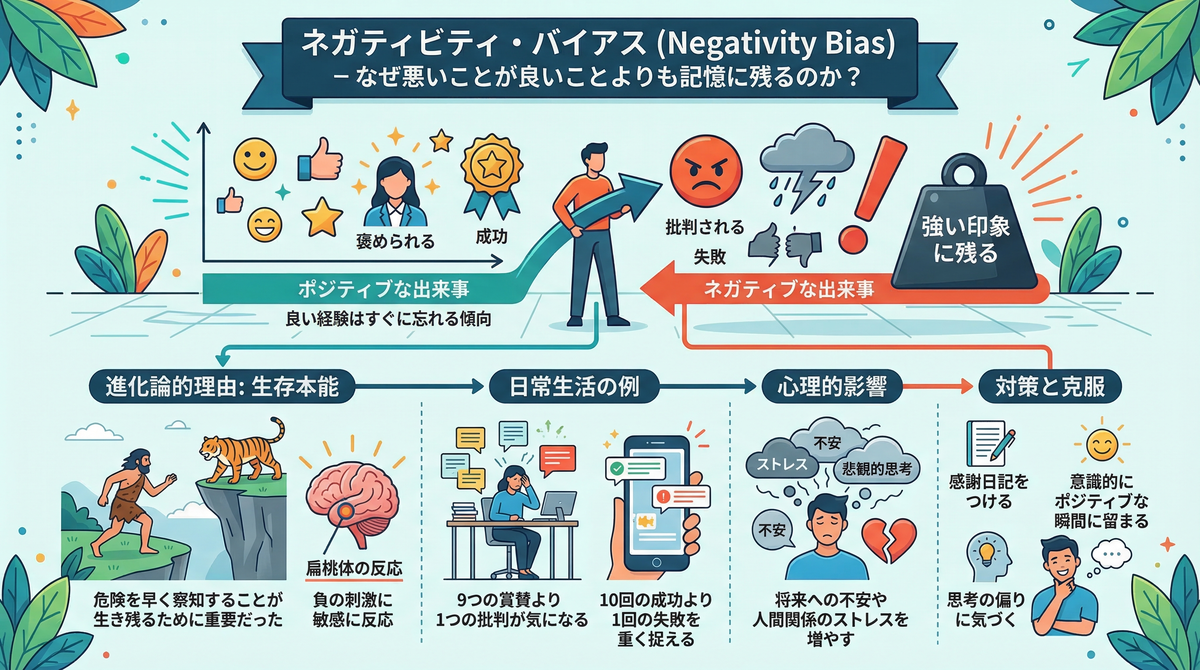 【図解】理不尽な人が常に怒りや不満を抱えている心理的理由「ネガティビティ・バイアス」：良いことよりも悪い記憶（批判や失敗）ばかりに過剰反応してしまう生存本能（脳のバグ）が、彼らを悲観的な思考へと追い込み、自滅させていくメカニズムを解説したイラスト