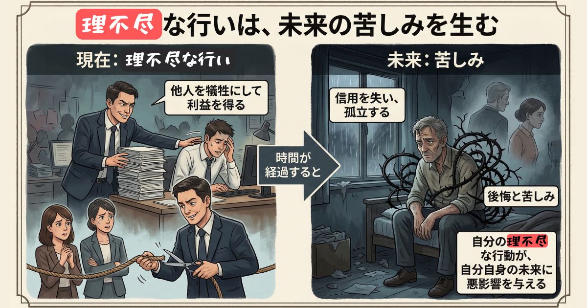 【図解】理不尽な人の末路と因果応報：現在は他人を犠牲にして利益を得ていても、時間が経過すれば必ずすべての信用を失い、誰からも見放されて後悔と孤独の暗闇の中で苦しむことになる未来を描いた対比イラスト