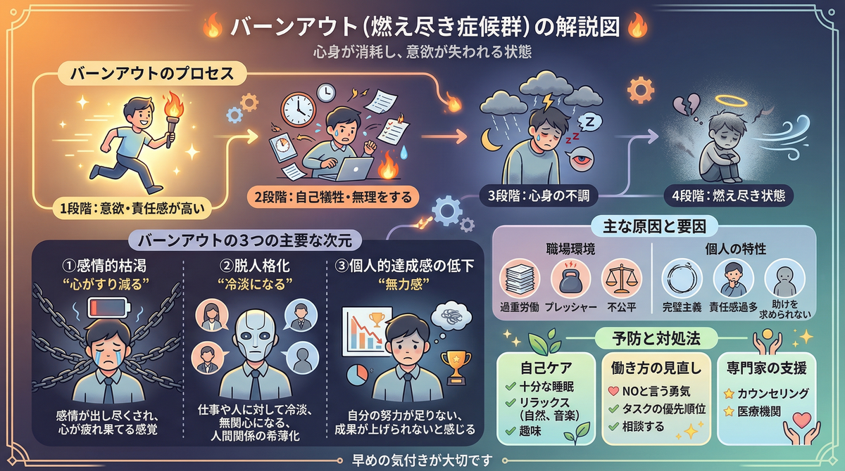 バーンアウト（燃え尽き症候群）の全体像を示す図解。新しい職場で頑張りすぎる人が見逃しがちな4段階のプロセス（限界サイン）、3つの主要な症状（感情的枯渇・脱人格化・達成感の低下）、その原因、および自己ケアや働き方の見直しといった生存戦略（予防と対処法）をわかりやすく解説しています。