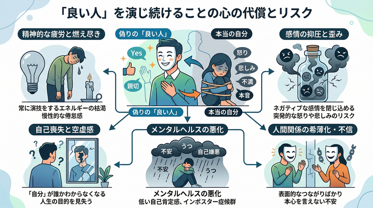 新しい職場で頑張りすぎる人が陥りがちな『良い人を演じ続けることの心の代償とリスク』を図解。偽りの自分を作ることで生じる精神的な疲労や燃え尽き（限界サイン）、感情の抑圧、自己喪失、メンタルヘルスの悪化などの末路をわかりやすく解説しています。心を壊さないための生存戦略を考える手がかりとなるイラストです。