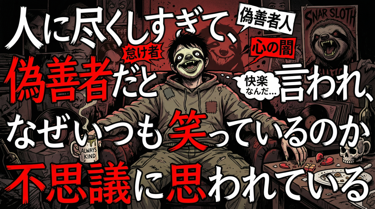 新しい職場で頑張りすぎる人が抱える心の闇と限界サインを表現したイラスト。人に尽くしすぎて『偽善者』と陰口を叩かれながらも、無理をして笑顔を作り続けるナマケ者の姿が描かれています。周囲の目を気にして心を壊してしまう前に、自分を守る生存戦略の重要性を伝えるための画像です。