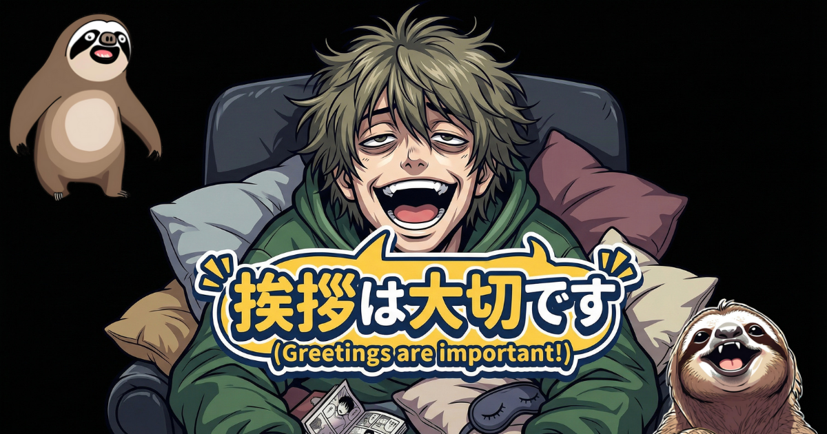 『挨拶は大切です (Greetings are important!)』というメッセージが書かれた、笑顔の男性と2匹のナマケモノのイラスト。新しい職場で頑張りすぎる人が、無理をして笑顔を作り、感情を抑圧している状態を象徴的に表現しています。限界サインを見逃さないよう、本当の自分と向き合う重要性を伝えています。