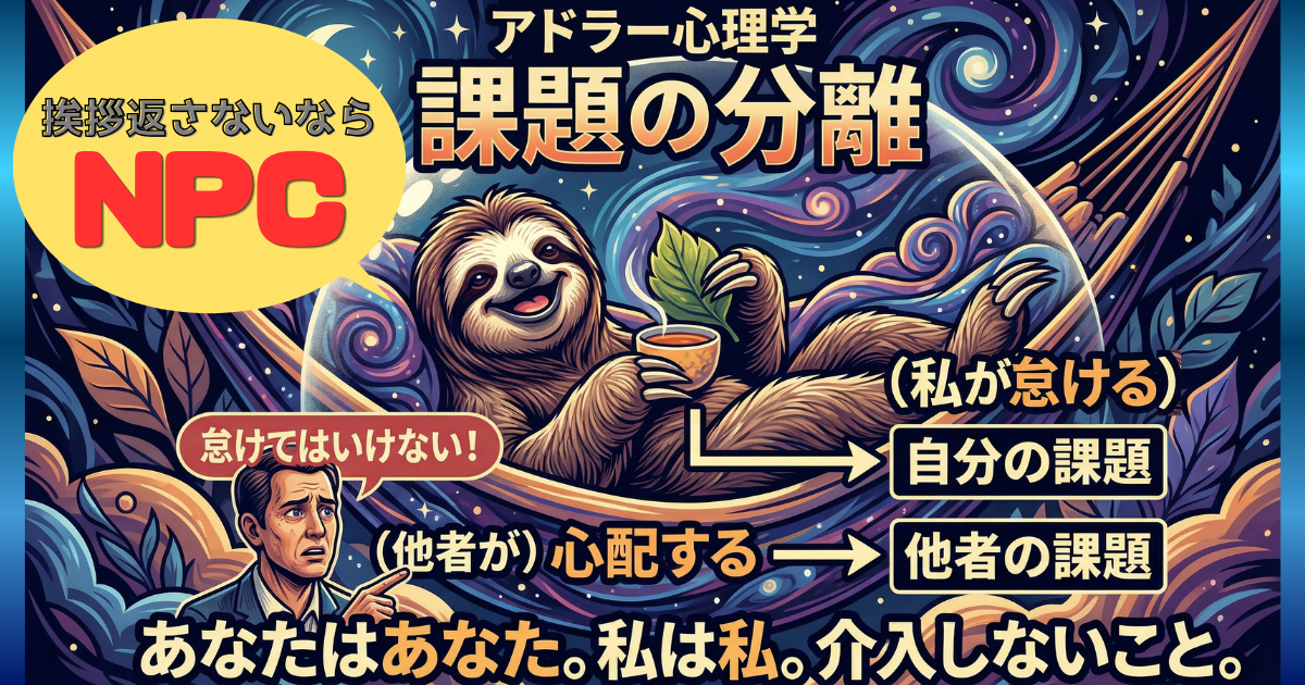 新しい職場で頑張りすぎる人が心を壊さないための生存戦略として、アドラー心理学の『課題の分離』を解説するイラスト。『自分が挨拶をする（自分の課題）』と『他者がどう反応するか・心配するか（他者の課題）』を切り離し、挨拶を返さない相手はNPCだと割り切ることで、人間関係による精神的な消耗や限界サインを防ぐ考え方を、リラックスするナマケモノの姿で表現しています。