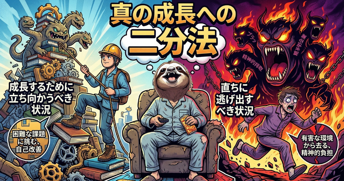 新しい職場での経験を『頑張りすぎて末路を迎える』か『心を壊さず成長につなげる』かの境界線を示す、真の成長への二分法の図解。立ち向かうべき『困難な課題・自己改善』と、直ちに逃げ出すべき『有害な環境・精神的負担』を区別し、心を壊さない生存戦略として、環境から去る判断基準（限界サイン）を示しています。