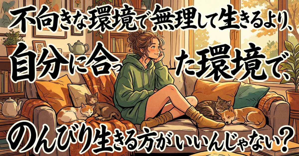 『不向きな環境で無理して生きるより、自分に合った環境で、のんびり生きる方がいいんじゃない？』という日本語テキストが書かれた、猫たちとソファでくつろぐ女性のイラスト。新しい職場での頑張りすぎや限界サインへの気づき、心を壊さない生存戦略としての自分らしい環境選択を提案。ナマケモノのように自分を大切にする働き方を象徴。