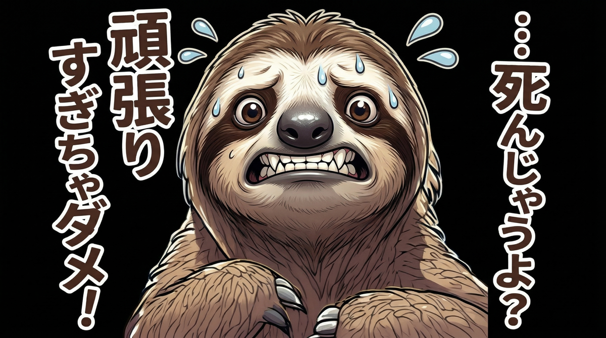 汗をかいて必死な表情のナマケモノが「…死んじゃうよ？頑張りすぎちゃダメ！」と訴えかけるイラスト。「仕事辞めたい」と限界を感じている読者に対し、心が壊れる前に自分を大切にして休むよう促す、隠れ過労への警告メッセージを表現しています。