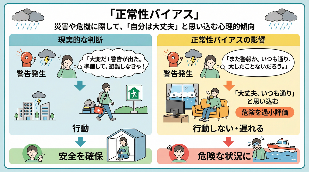 危機的状況でも「自分は大丈夫」と思い込んでしまう「正常性バイアス」の仕組みを解説した図解。「大変だ」と現実的な判断をして安全を確保する人と、「いつも通りだ」と危険を過小評価して手遅れになる人を比較しています。この記事では、「仕事を辞めたい」という心の限界サインを無視し、過労で心が壊れるまで働き続けてしまう心理的な罠として紹介しています。